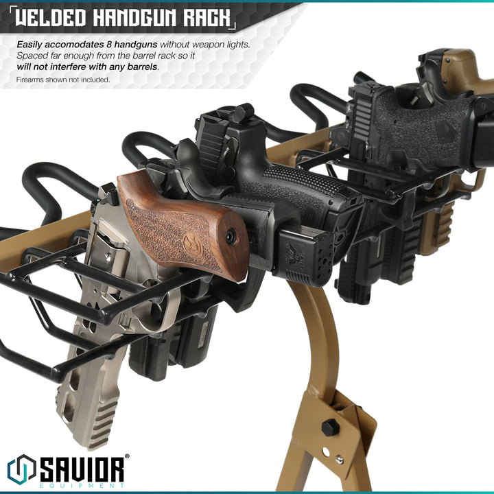 Welded Handgun Rack - Easily accommodates 8 handguns without weapon lights. Spaced far enough from the barrel rack so it will not interfere with any barrels. Firearms shown not included.#color_ral-8000-tan