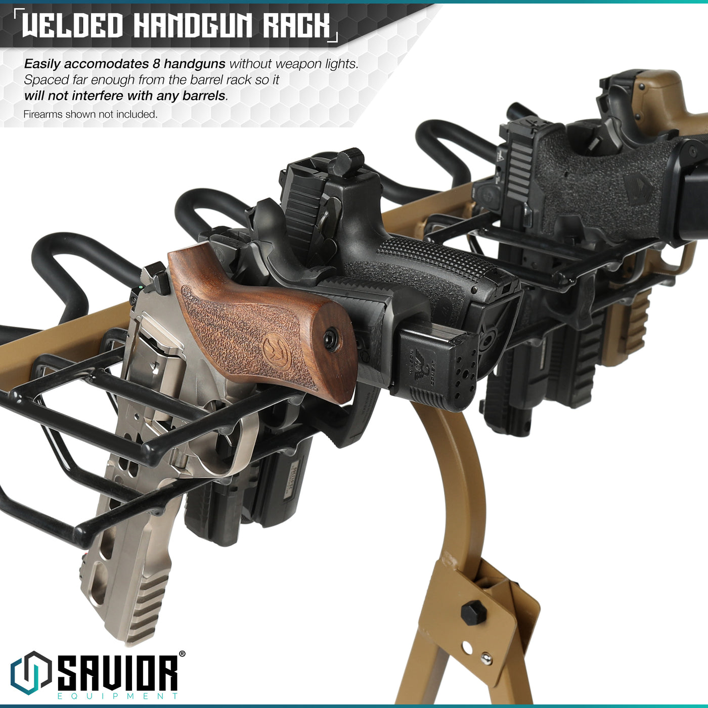Welded Handgun Rack - Easily accommodates 8 handguns without weapon lights. Spaced far enough from the barrel rack so it will not interfere with any barrels. Firearms shown not included.