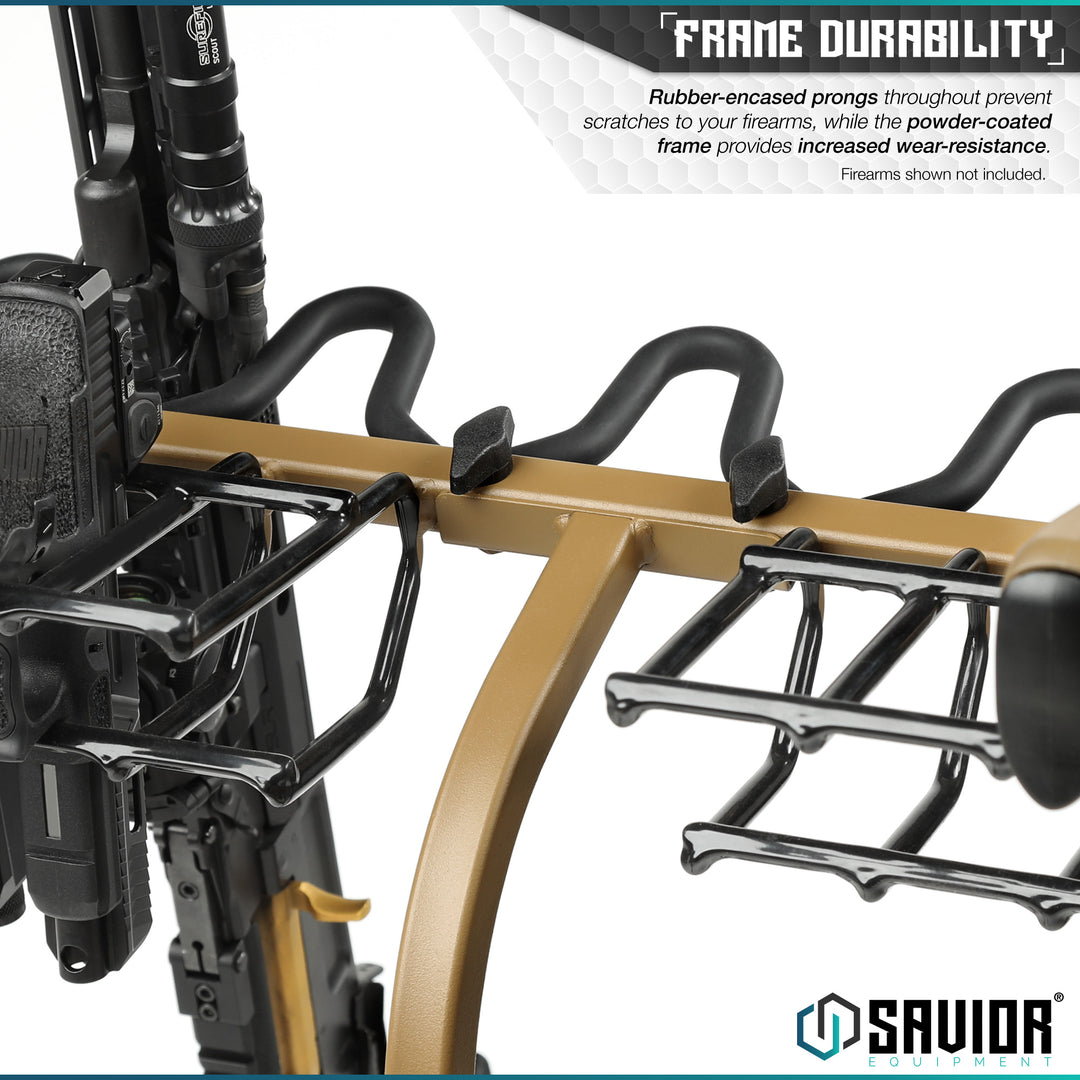 Frame Durability - Rubber-encased prongs throughout prevent scratches to your firearms, while the powder-coated frame provides increased wear-resistance. Firearms shown not included.#color_ral-8000-tan