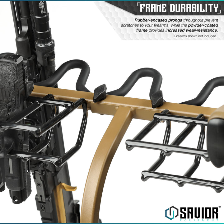 Frame Durability - Rubber-encased prongs throughout prevent scratches to your firearms, while the powder-coated frame provides increased wear-resistance. Firearms shown not included.#color_ral-8000-tan