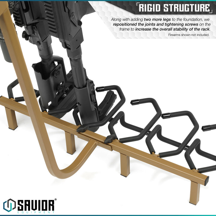 Rigid Structure - Design Along with adding two more legs to the foundation, we repositioned the joints and tightening screws on the frame to increase the overall stability of the rack. Firearms shown not included.#color_ral-8000-tan