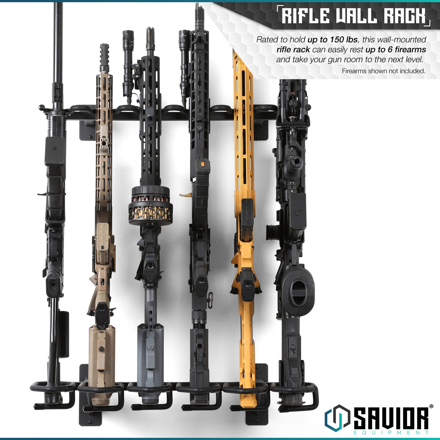 Rifle Wall Rack - Rated to hold up to 150 lbs, this wall-mounted rifle rack can easily rest up to 6 firearms and take your gun room to the next level. Firearms shown not included.