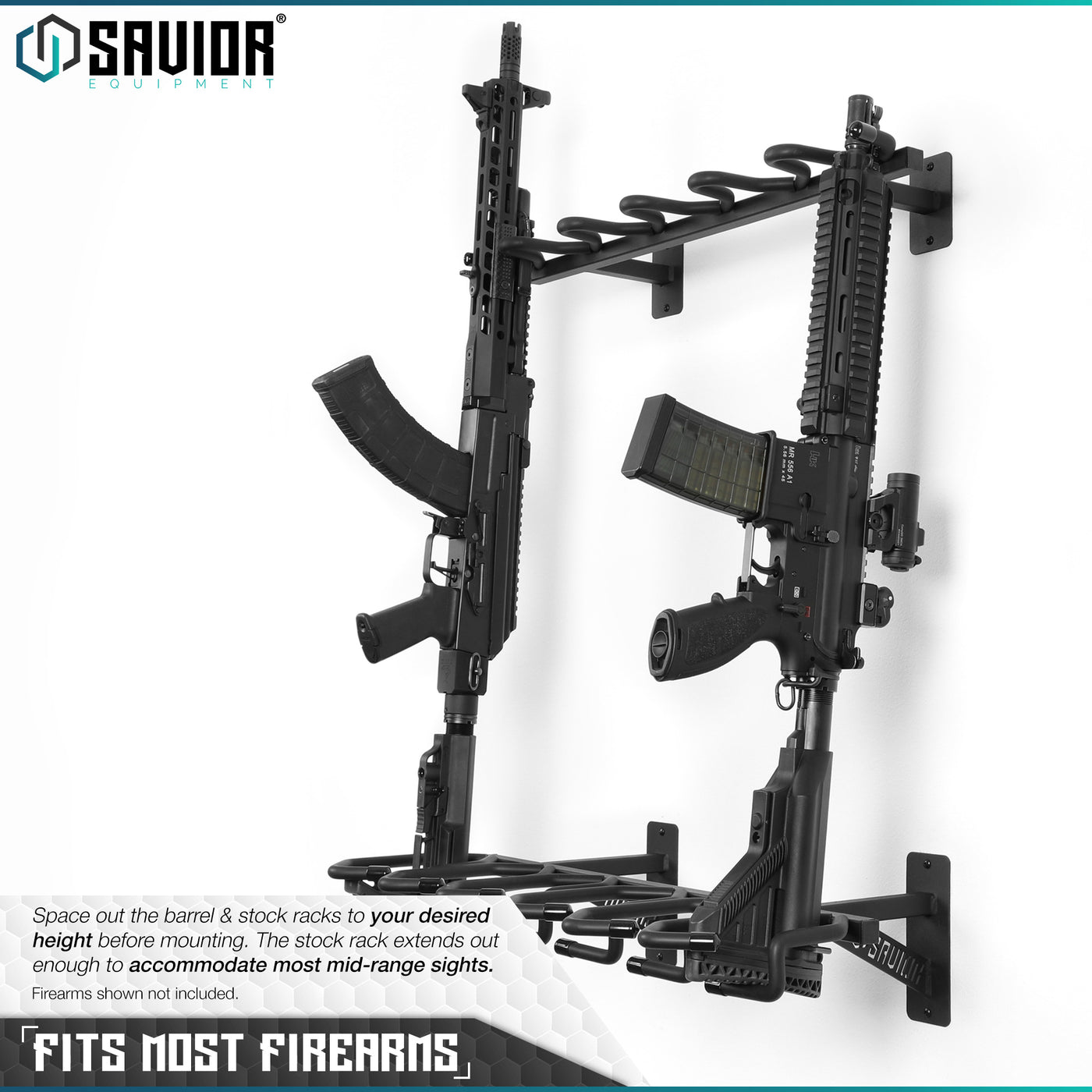 Fits most Firearms - Space out the barrel & stock racks to your desired height before mounting. The stock rack extends out enough to accomodate most mid-range sights. Firearms shown not included.