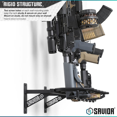 Rigid Structure - Two screw holes on each wall-mounting plate keep the rack sturdy & secure on your wall.Mount on studs, do not mount only on drywall. Firearms shown not included.