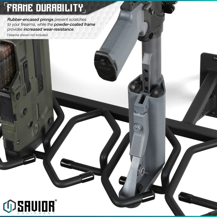 Frame Durability - Rubber-encased prongs prevent scratches to your firearms, while the powder-coated frame provides increased wear-resistance. Firearms shown not included.#color_obsidian-black