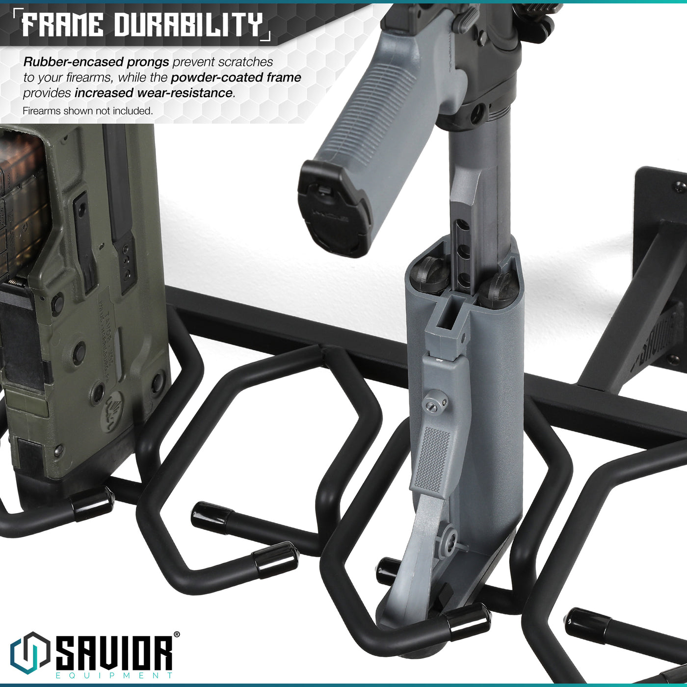 Frame Durability - Rubber-encased prongs prevent scratches to your firearms, while the powder-coated frame provides increased wear-resistance. Firearms shown not included.#color_obsidian-black