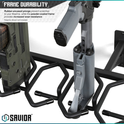 Frame Durability - Rubber-encased prongs prevent scratches to your firearms, while the powder-coated frame provides increased wear-resistance. Firearms shown not included.#color_obsidian-black