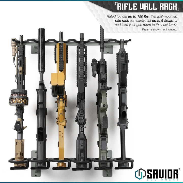 Rifle Wall Rack - Rated to hold up to 150 lbs, this wall-mounted rifle rack can easily rest up to 6 firearms and take your gun room to the next level. Firearms shown not included.#color_sw-gray