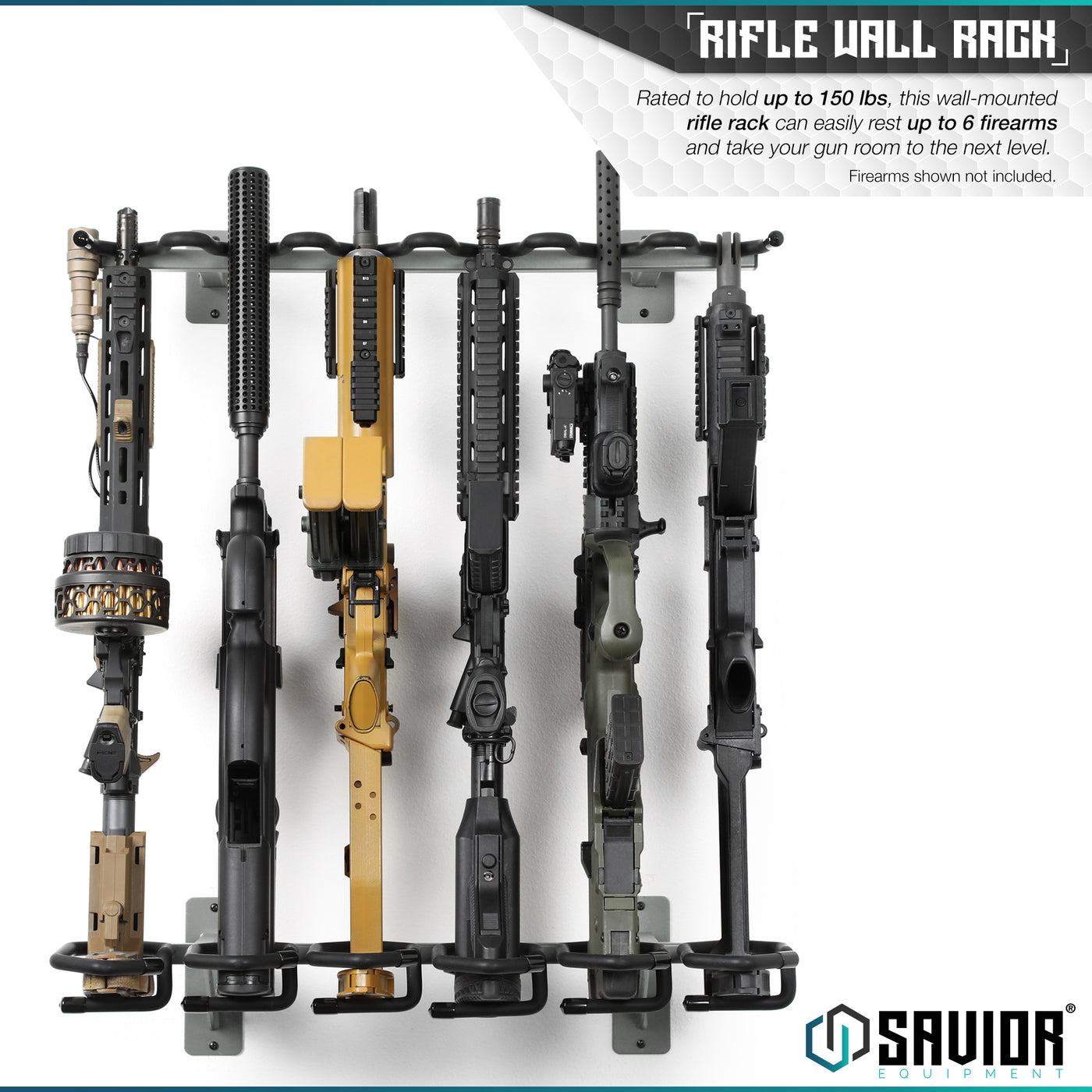 Rifle Wall Rack - Rated to hold up to 150 lbs, this wall-mounted rifle rack can easily rest up to 6 firearms and take your gun room to the next level. Firearms shown not included.