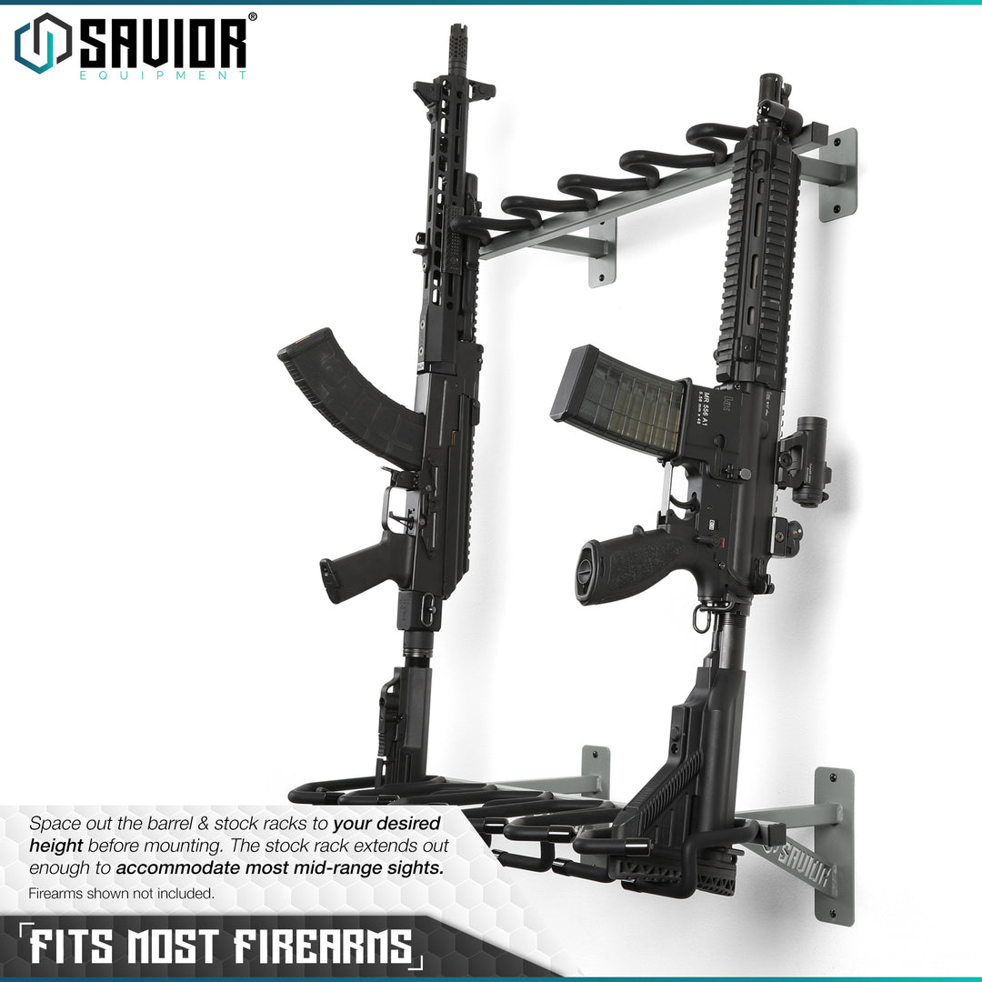 Fits most Firearms - Space out the barrel & stock racks to your desired height before mounting. The stock rack extends out enough to accommodate most mid-range sights. Firearms shown not included.#color_sw-gray