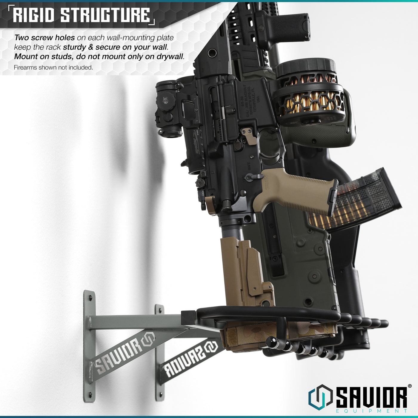 Rigid Structure - Two screw holes on each wall-mounting plate keep the rack sturdy & secure on your wall.Mount on studs, do not mount only on drywall. Firearms shown not included.