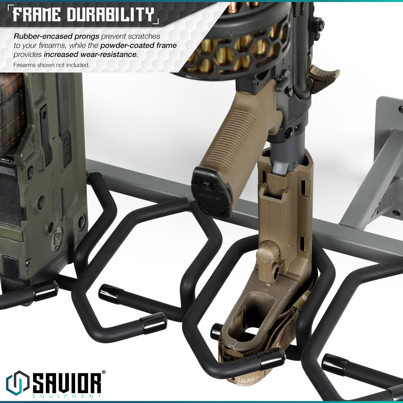 Frame Durability - Rubber-encased prongs prevent scratches to your firearms, while the powder-coated frame provides increased wear-resistance. Firearms shown not included.