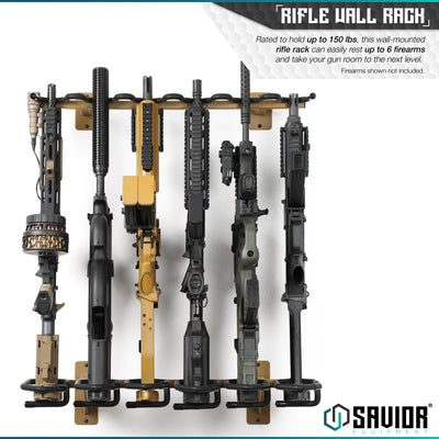 Rifle Wall Rack - Rated to hold up to 150 lbs, this wall-mounted rifle rack can easily rest up to 6 firearms and take your gun room to the next level. Firearms shown not included.