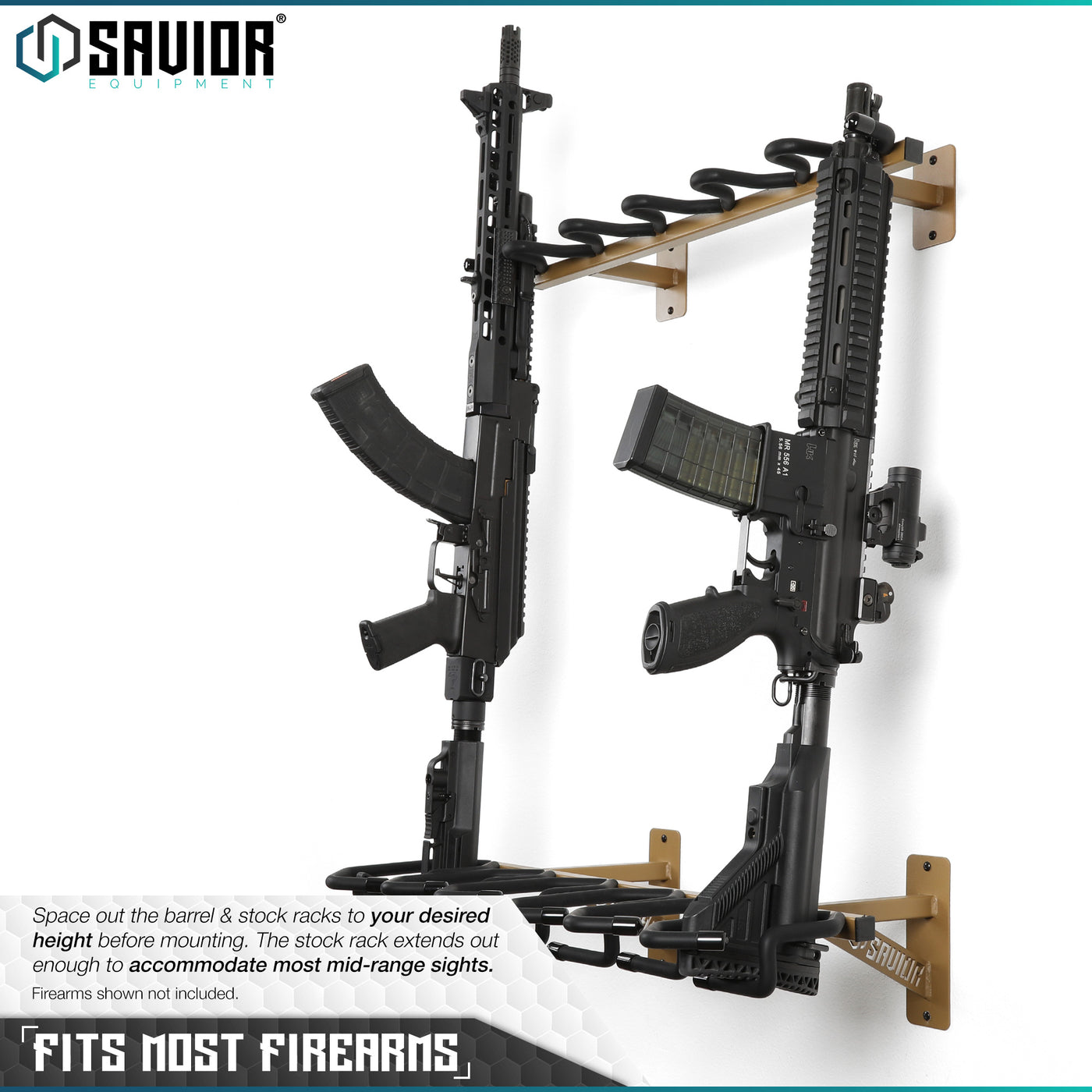 Fits most Firearms - Space out the barrel & stock racks to your desired height before mounting. The stock rack extends out enough to accomodate most mid-range sights. Firearms shown not included.