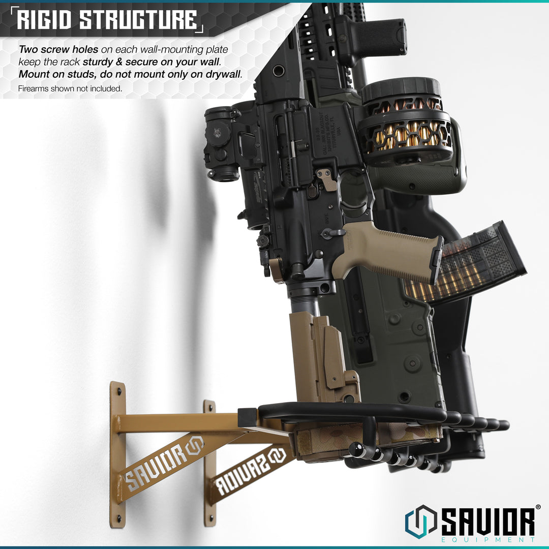 Rigid Structure - Two screw holes on each wall-mounting plate keep the rack sturdy & secure on your wall.Mount on studs, do not mount only on drywall. Firearms shown not included.#color_ral-8000-tan