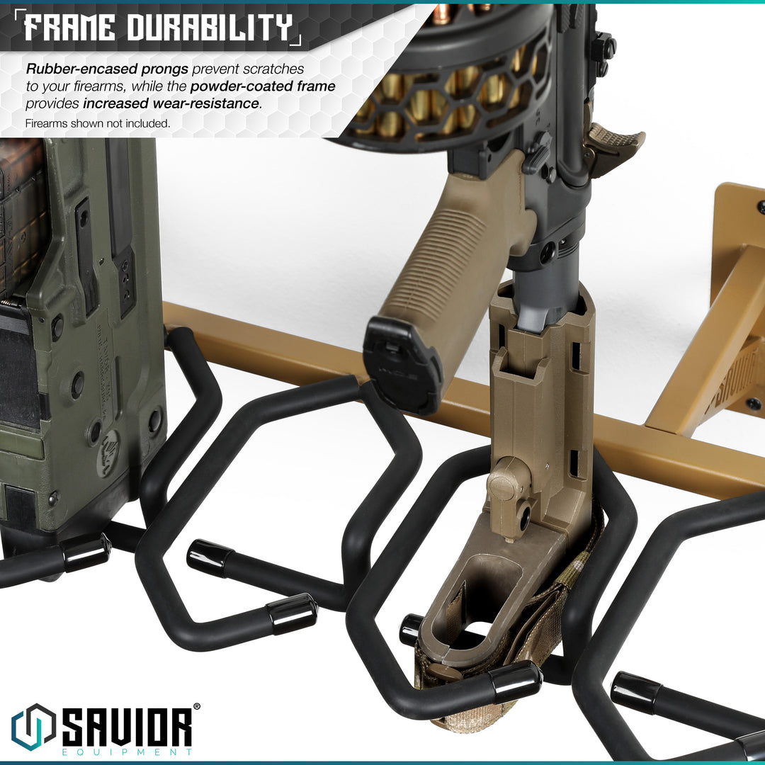 Frame Durability - Rubber-encased prongs prevent scratches to your firearms, while the powder-coated frame provides increased wear-resistance. Firearms shown not included.#color_ral-8000-tan