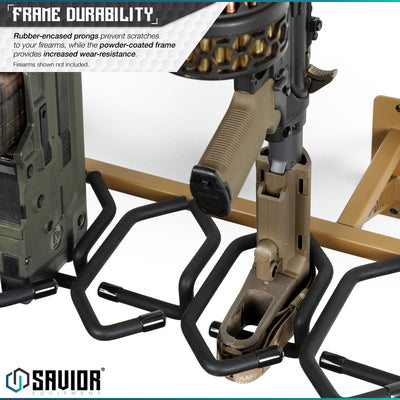 Frame Durability - Rubber-encased prongs prevent scratches to your firearms, while the powder-coated frame provides increased wear-resistance. Firearms shown not included.