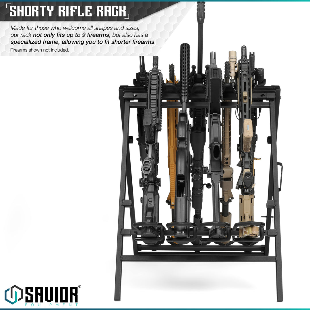 Shorty Rifle Rack - Made for those who welcome all shapes and sizes, our rack not only fits up to 9 firearms, but also has a specialized frame, allowing you to fit shorter firearms. Firearms shown not included.#color_obsidian-black
