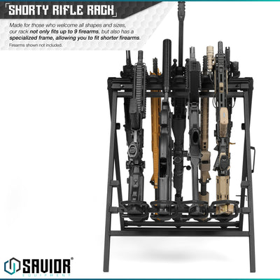 Shorty Rifle Rack - Made for those who welcome all shapes and sizes, our rack not only fits up to 9 firearms, but also has a specialized frame, allowing you to fit shorter firearms. Firearms shown not included.