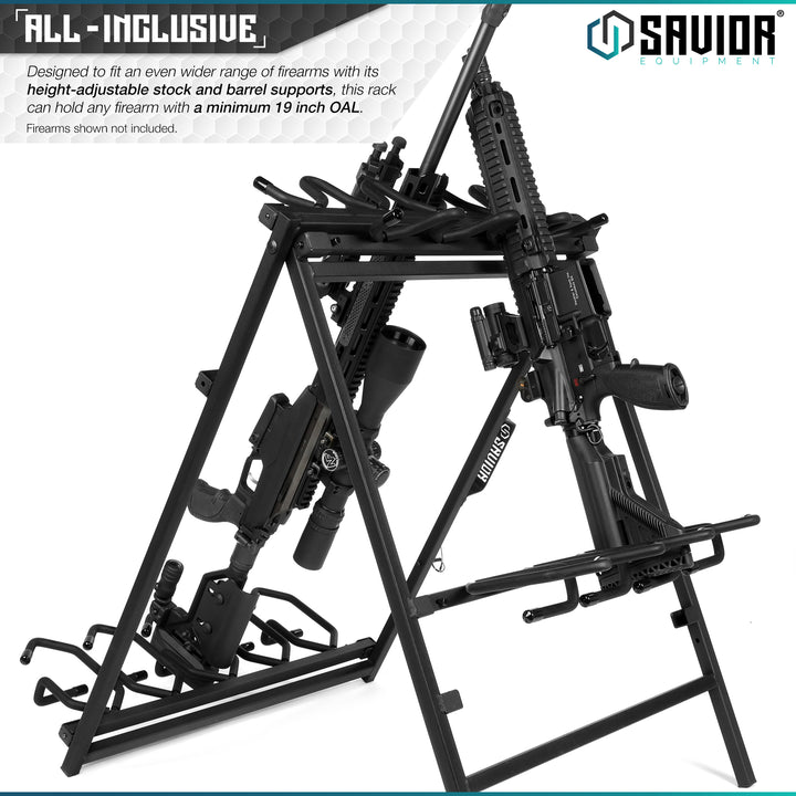 All-Inclusive - Designed to fit an even wider range of firearms with its height-adjustable supports, this rack can hold any firearm with a minimum 19 inch OAL. Firearms shown not included.#color_obsidian-black