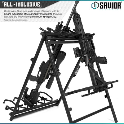 All-Inclusive - Designed to fit an even wider range of firearms with its height-adjustable supportst, this rack can hold any firearm with a minimum 19 inch OAL. Firearms shown not included.