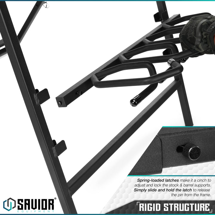Rigid Structure - Spring-loaded latches make it a cinch to adjust and lock the supports. Simply slide and hold the latch to lease the pin from the frame.#color_obsidian-black