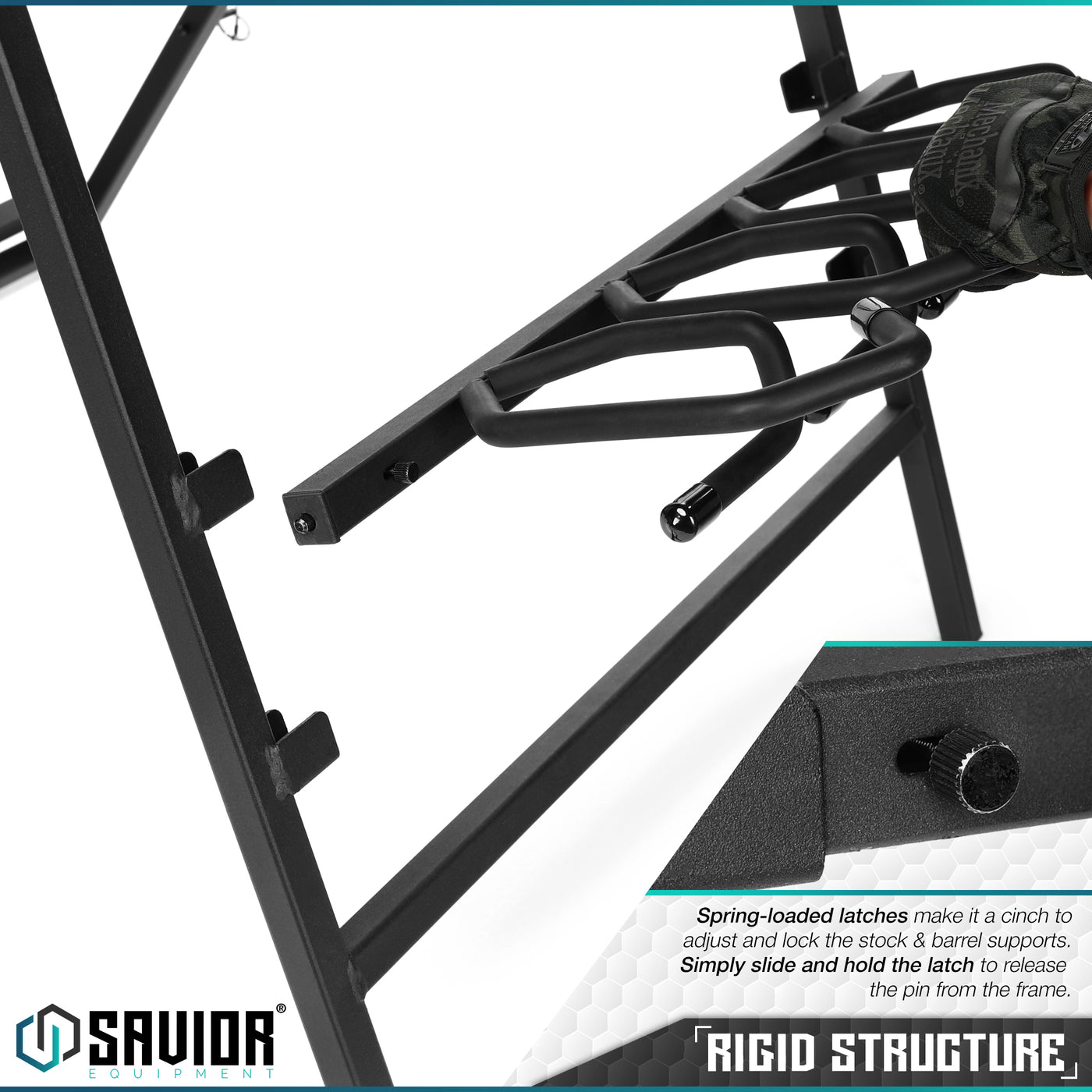 Rigid Structure - Spring-loaded latches make it a cinch to adjust and lock the supports. Simply slide and hold the latch to lease the pin from the frame.