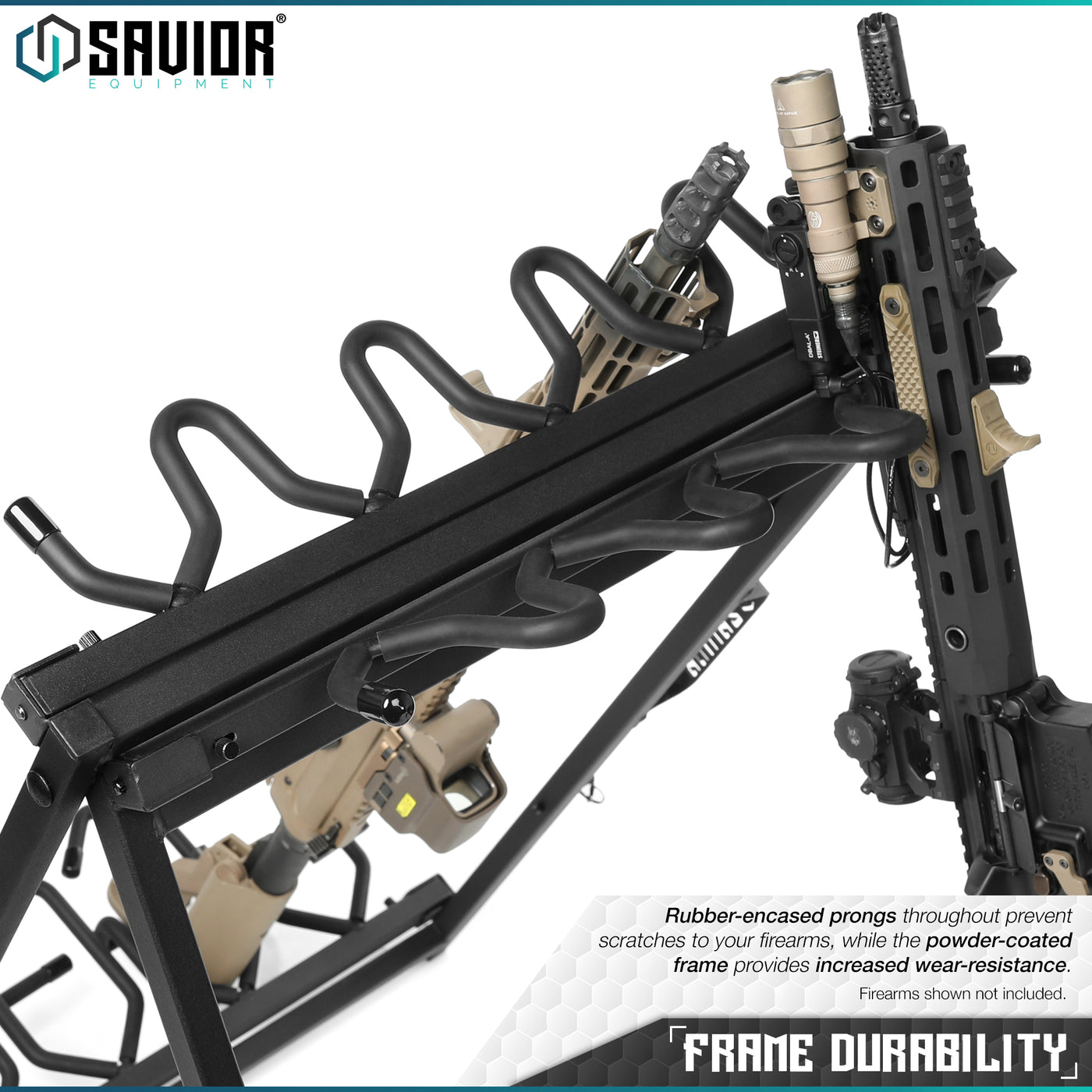 Frame Durability - Rubber-encased prongs prevent scratches to your firearms, while the powder-coated frame provides increased wear-resistance. Firearms shown not included.