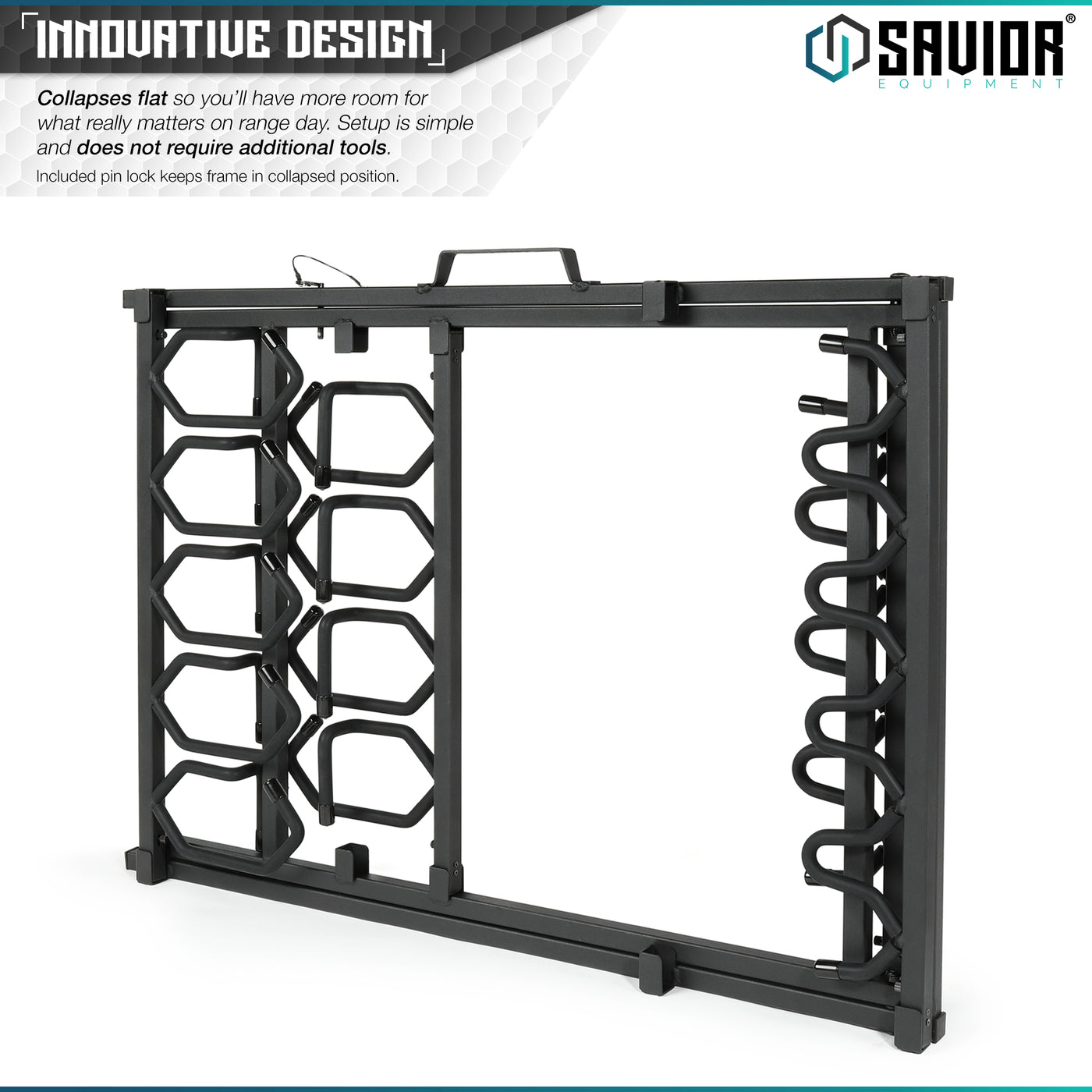 Innovative Design - Collapses flat so you'll have more room for what really matters on range day. Setup is simple and does not require additional tools. Included pin lock keeps frame in collapsed position.