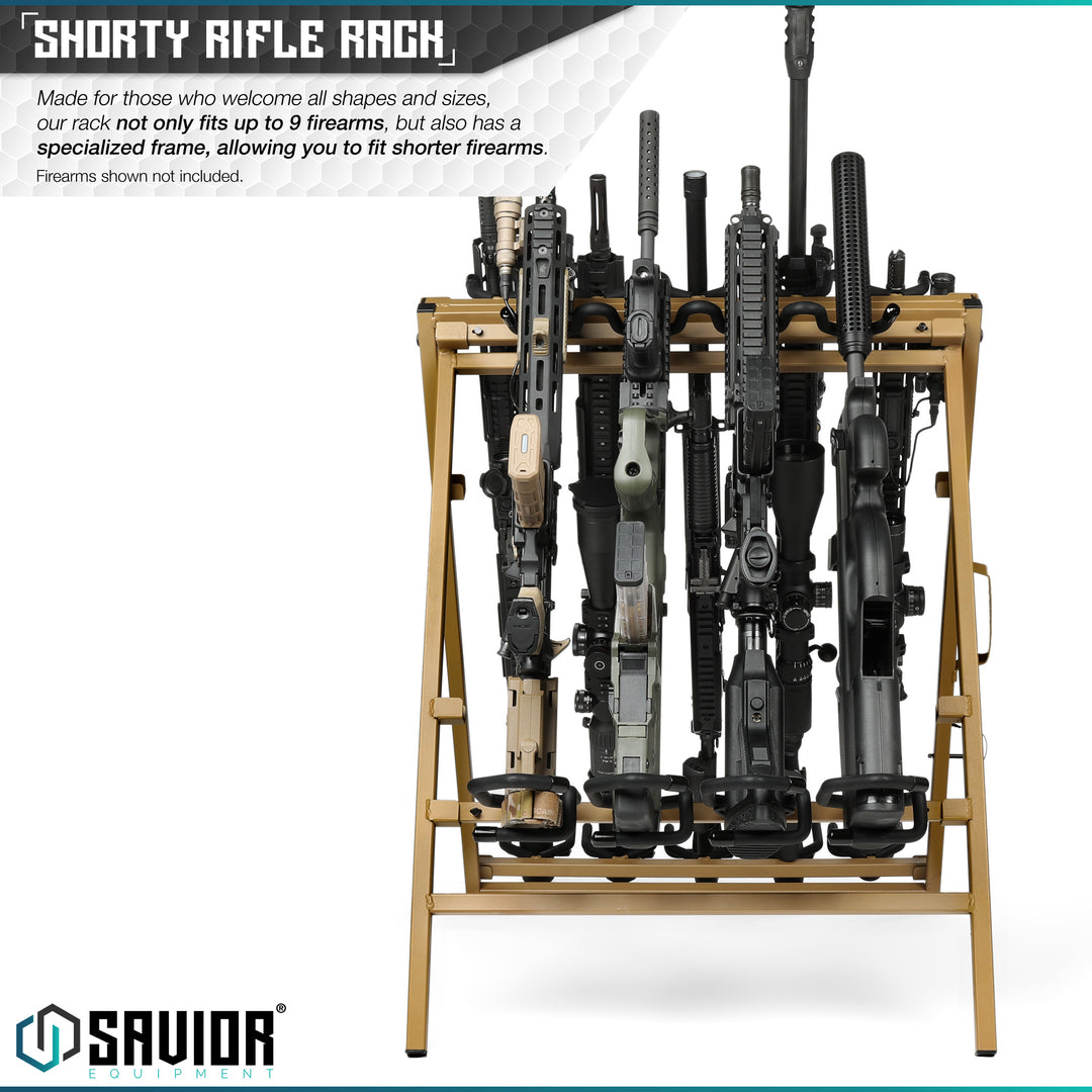 Shorty Rifle Rack - Made for those who welcome all shapes and sizes, our rack not only fits up to 9 firearms, but also has a specialized frame, allowing you to fit shorter firearms. Firearms shown not included.#color_ral-8000-tan