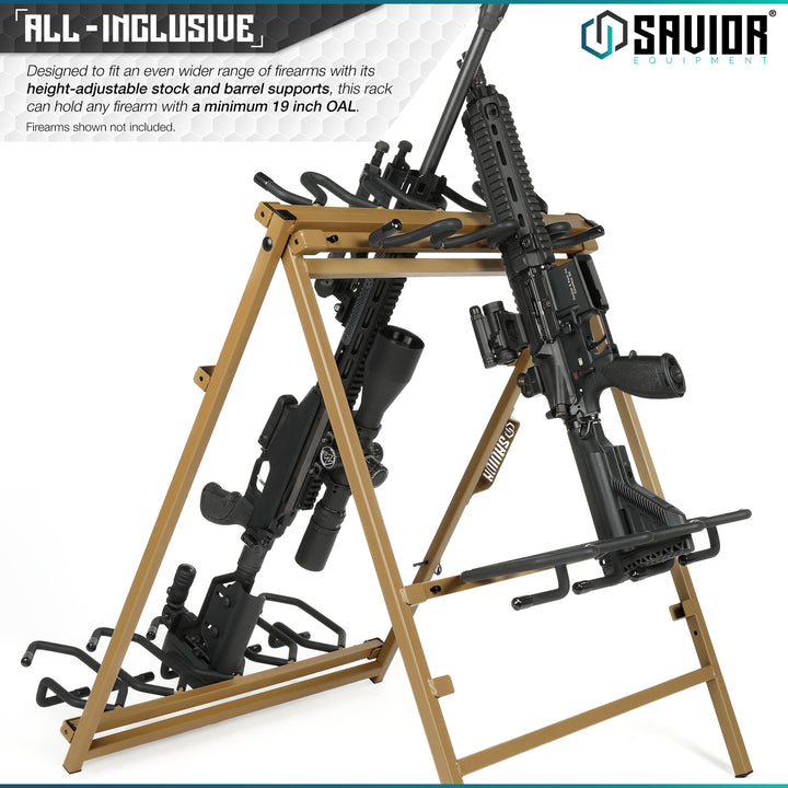 All-Inclusive - Designed to fit an even wider range of firearms with its height-adjustable supports, this rack can hold any firearm with a minimum 19 inch OAL. Firearms shown not included.#color_ral-8000-tan