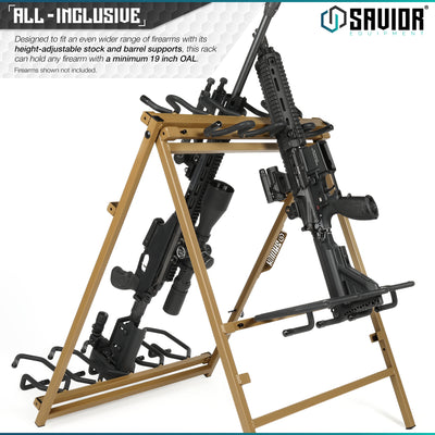 All-Inclusive - Designed to fit an even wider range of firearms with its height-adjustable supports, this rack can hold any firearm with a minimum 19 inch OAL. Firearms shown not included.#color_ral-8000-tan