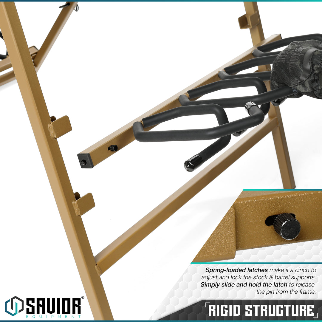Rigid Structure - Spring-loaded latches make it a cinch to adjust and lock the supports. Simply slide and hold the latch to lease the pin from the frame.#color_ral-8000-tan