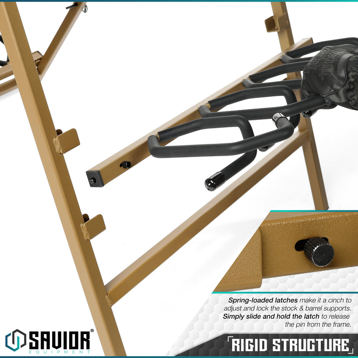 Rigid Structure - Spring-loaded latches make it a cinch to adjust and lock the supports. Simply slide and hold the latch to lease the pin from the frame.#color_ral-8000-tan