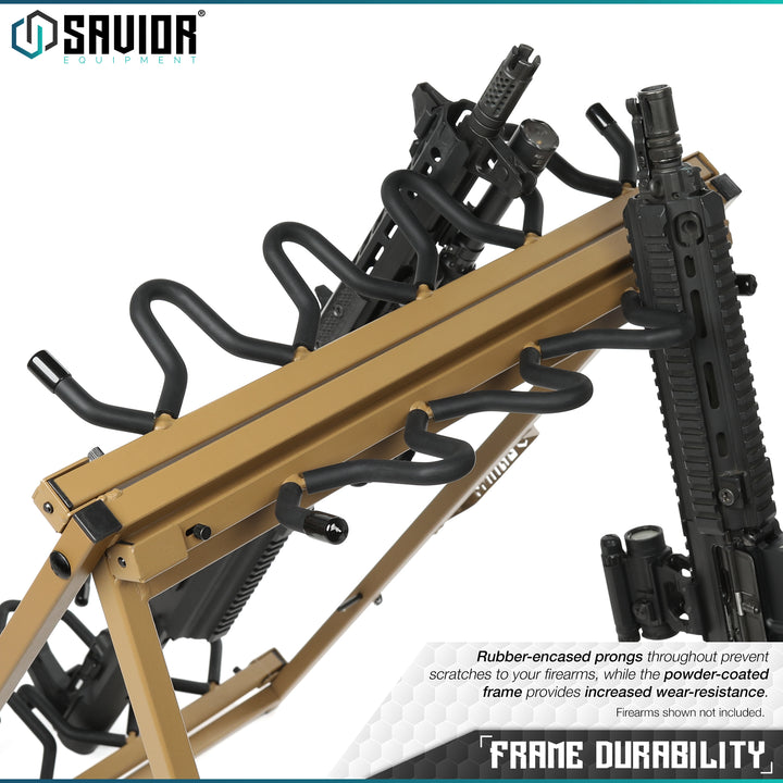 Frame Durability - Rubber-encased prongs prevent scratches to your firearms, while the powder-coated frame provides increased wear-resistance. Firearms shown not included.#color_ral-8000-tan