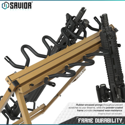 Frame Durability - Rubber-encased prongs prevent scratches to your firearms, while the powder-coated frame provides increased wear-resistance. Firearms shown not included.