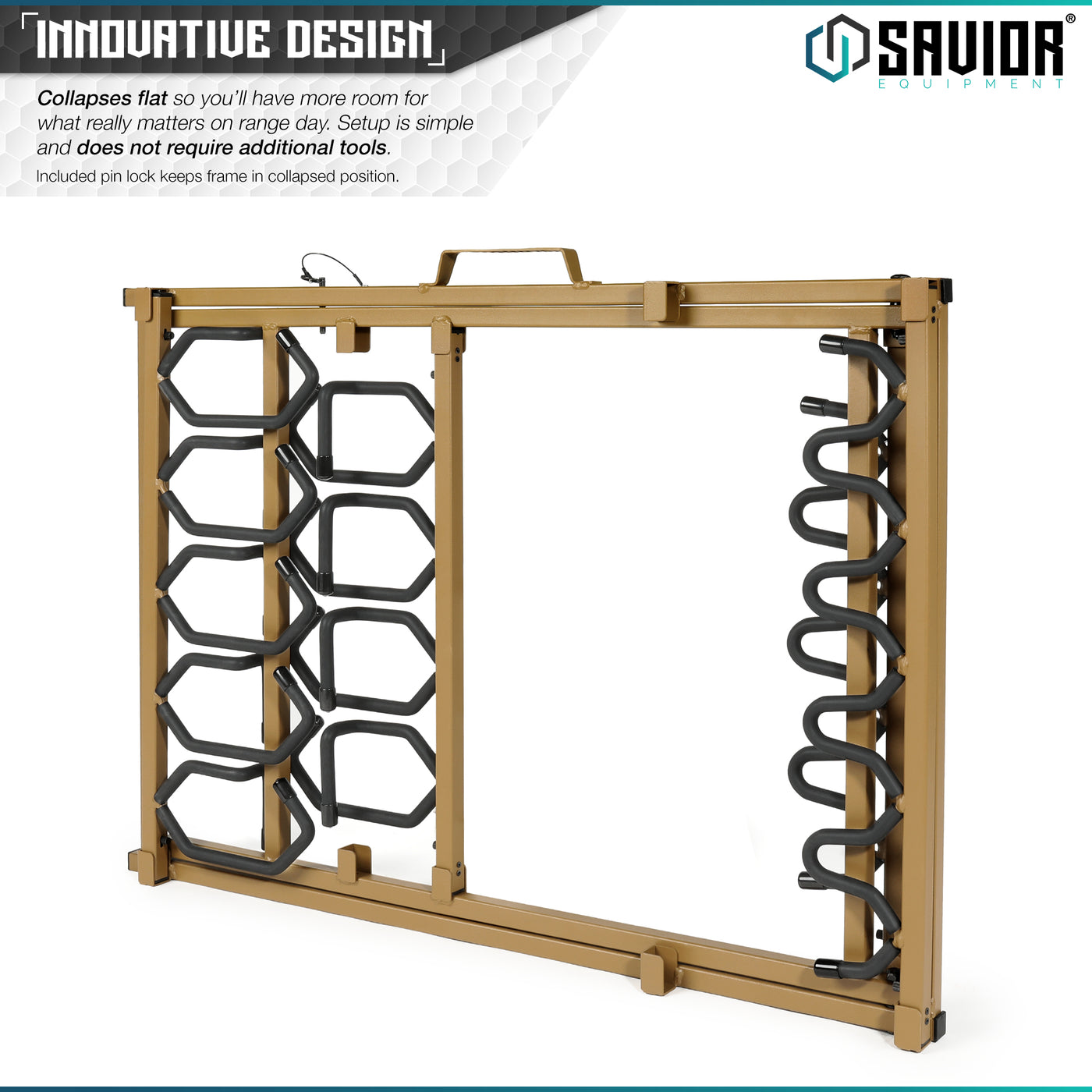 Innovative Design - Collapses flat so you'll have more room for what really matters on range day. Setup is simple and does not require additional tools. Included pin lock keeps frame in collapsed position.