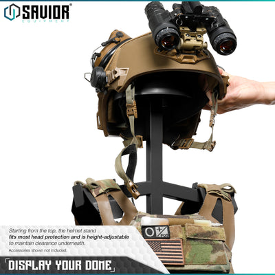 Display your Dome - Starting from the top, the helmet stand fits most head protection and is height-adjustable to maintain clearance underneath.#color_obsidian-black