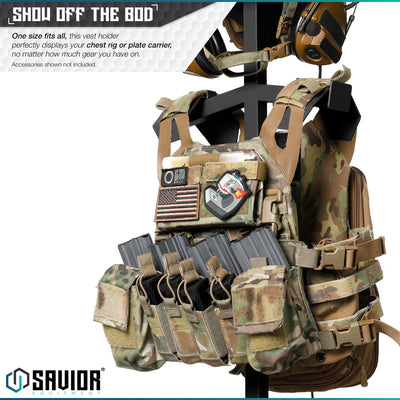 Show off the bod - One size fits all, this vest holder perfectly displays your chest rig or plate carrier, no matter how much gear you have on.#color_obsidian-black
