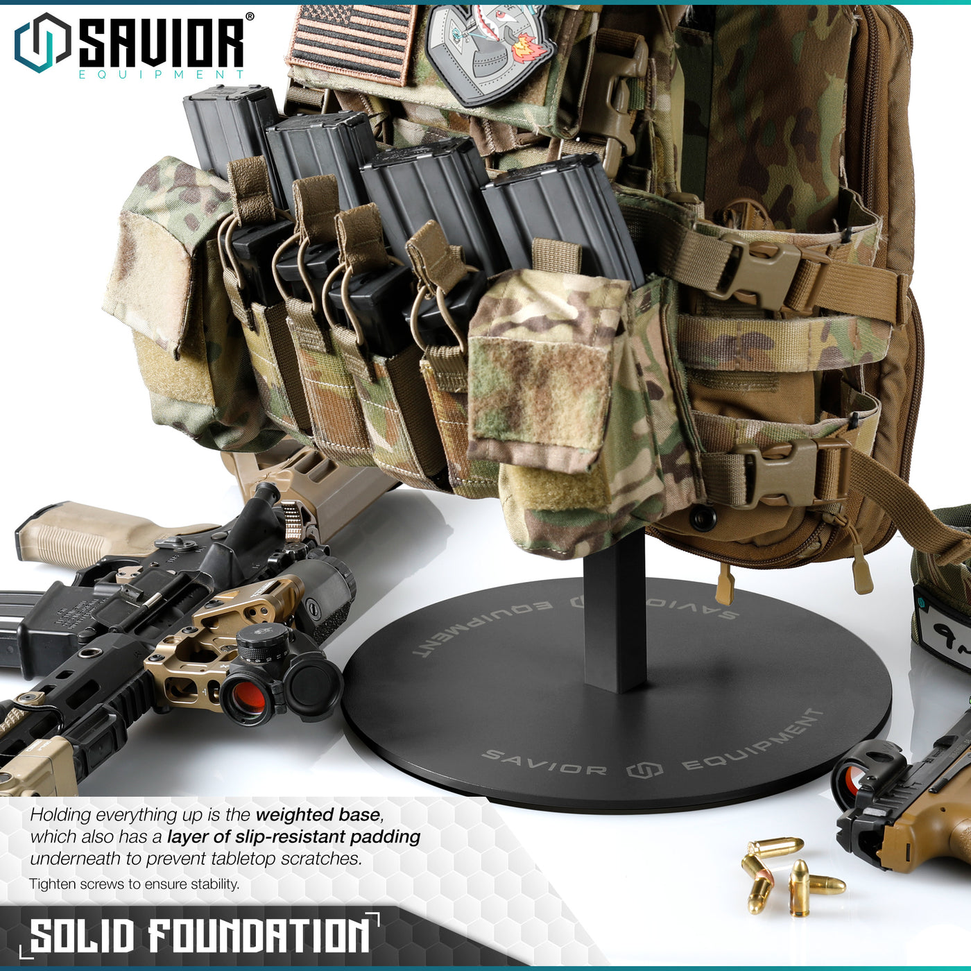 Solid Foundation - Holding everything up is the weighted base, which also has a layer of slip-resistant padding underneath to prevent tabletop scratches.#color_obsidian-black