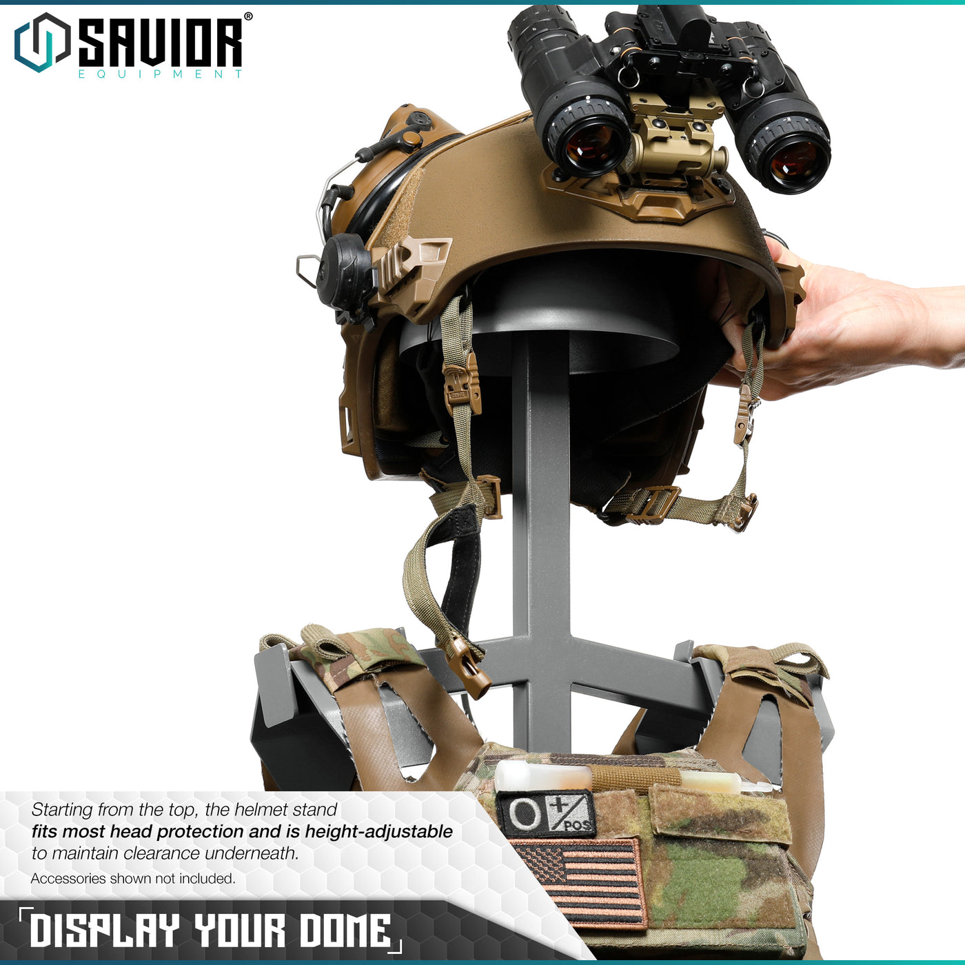 Display your Dome - Starting from the top, the helmet stand fits most head protection and is height-adjustable to maintain clearance underneath.