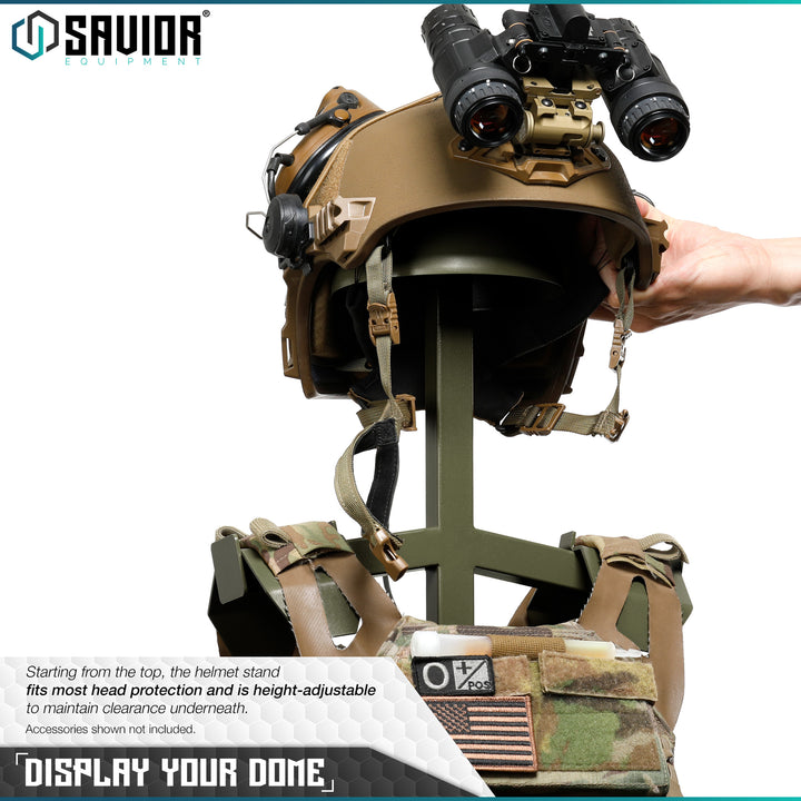 Display your Dome - Starting from the top, the helmet stand fits most head protection and is height-adjustable to maintain clearance underneath.#color_od-green