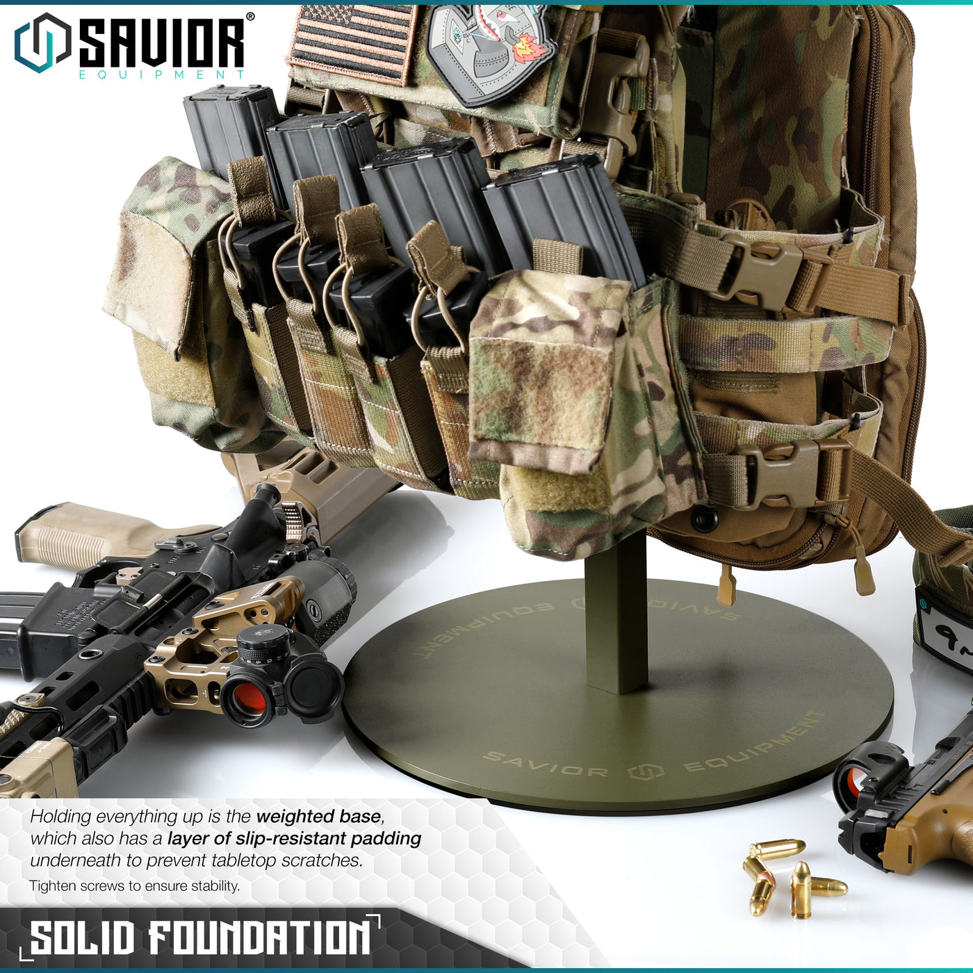 Solid Foundation - Holding everything up is the weighted base, which also has a layer of slip-resistant padding underneath to prevent tabletop scratches.