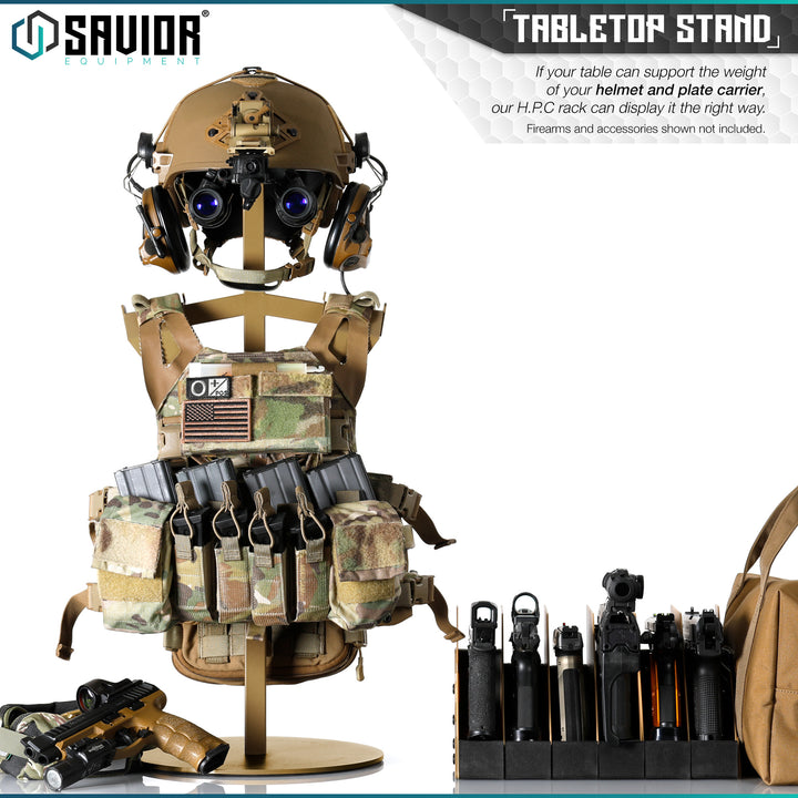 Tabletop Stand - If your table can support the weight of your helmet and plate carrier, our H.P.C rack can display it the right way.#color_ral-8000-tan