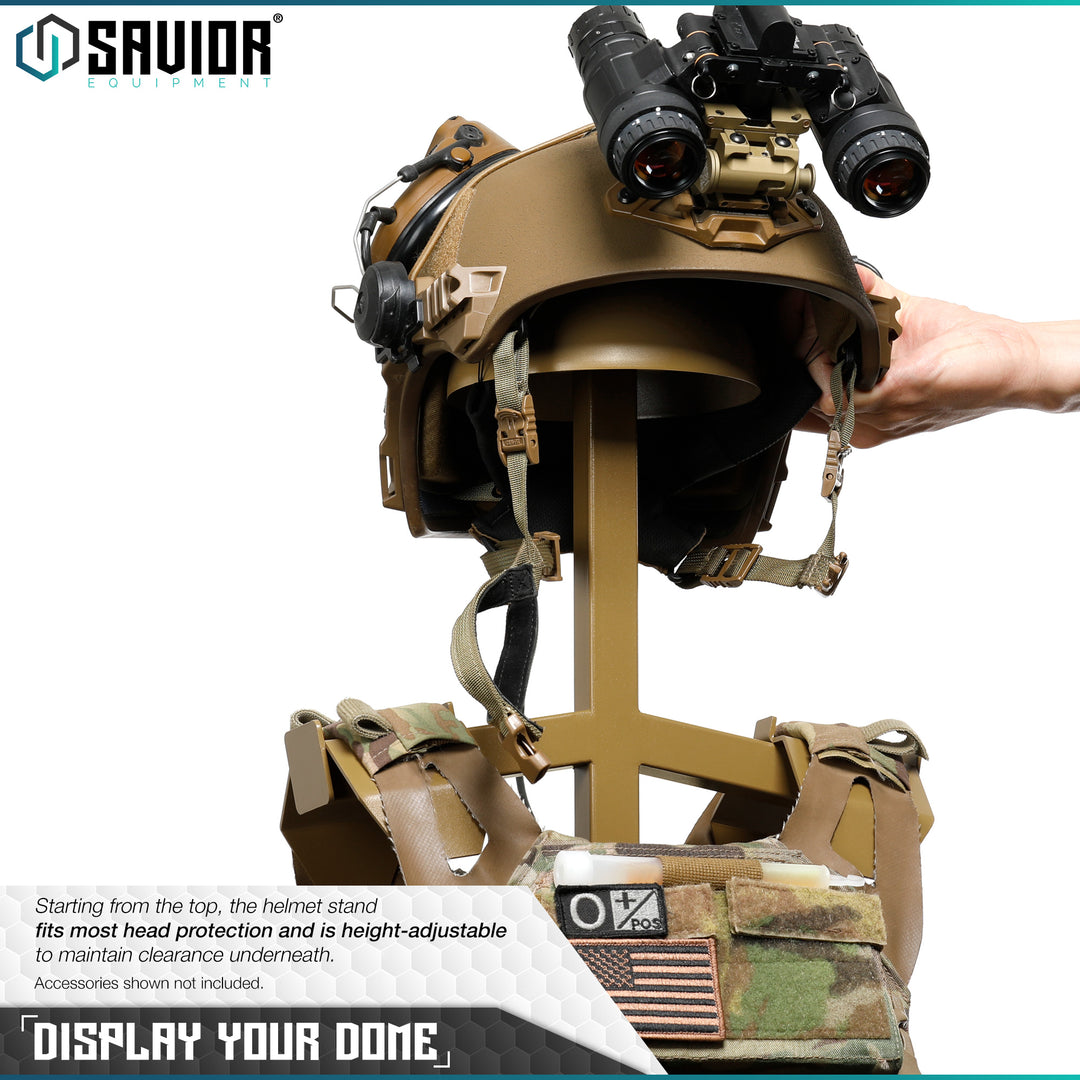Display your Dome - Starting from the top, the helmet stand fits most head protection and is height-adjustable to maintain clearance underneath.#color_ral-8000-tan
