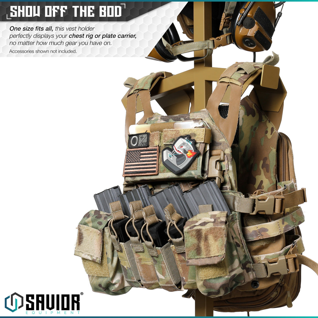 Show off the bod - One size fits all, this vest holder perfectly displays your chest rig or plate carrier, no matter how much gear you have on.#color_ral-8000-tan