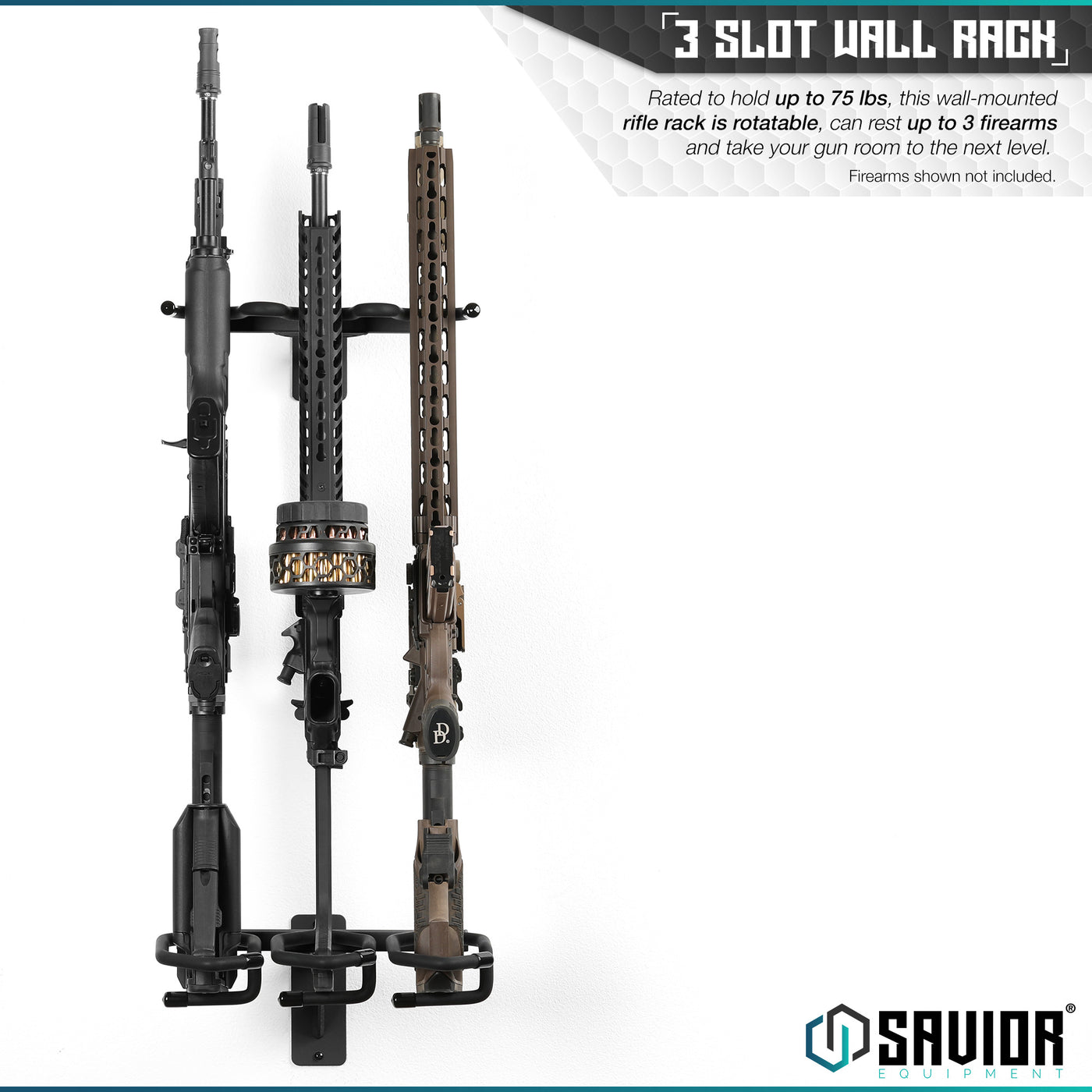 3-Slot Wall Rack - Rated to hold up to 75 lbs, this wall-mounted rifle rack is rotatable, can rest up to 3 firearms and take your gun room to the next level. Firearms shown not included.