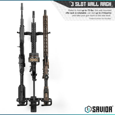 3-Slot Wall Rack - Rated to hold up to 75 lbs, this wall-mounted rifle rack is rotatable, can rest up to 3 firearms and take your gun room to the next level. Firearms shown not included.#color_obsidian-black