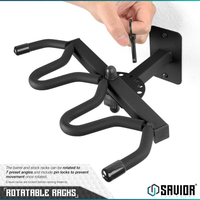 Rotatable Racks - The barrel and stock racks can be rotated to 7 preset angles and include pin locks to prevent movement once rotated. Ensure racks are locked before racking firearms.#color_obsidian-black