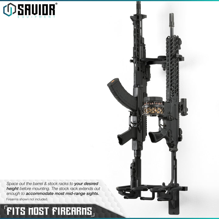 Fits most Firearms - Space out the barrel & stock racks to your desired height before mounting. The stock rack extends out enough to accommodate most mid-range sights. Firearms shown not included.#color_obsidian-black